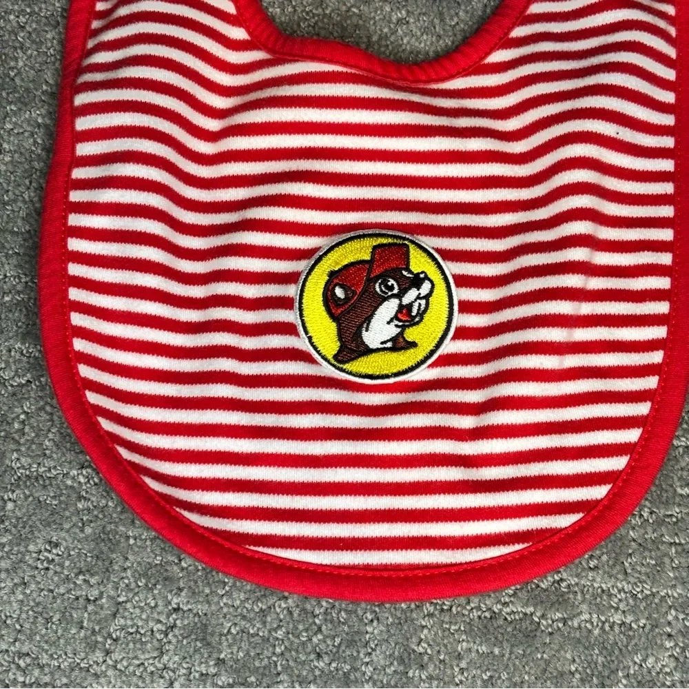 Buc-ee's Red and White Striped Baby Bib with Fun Patch